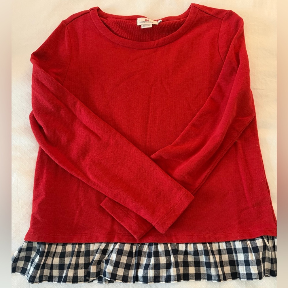 Vineyard Vines woman’s Red Long Sleeve Shirt with Checkered Hem